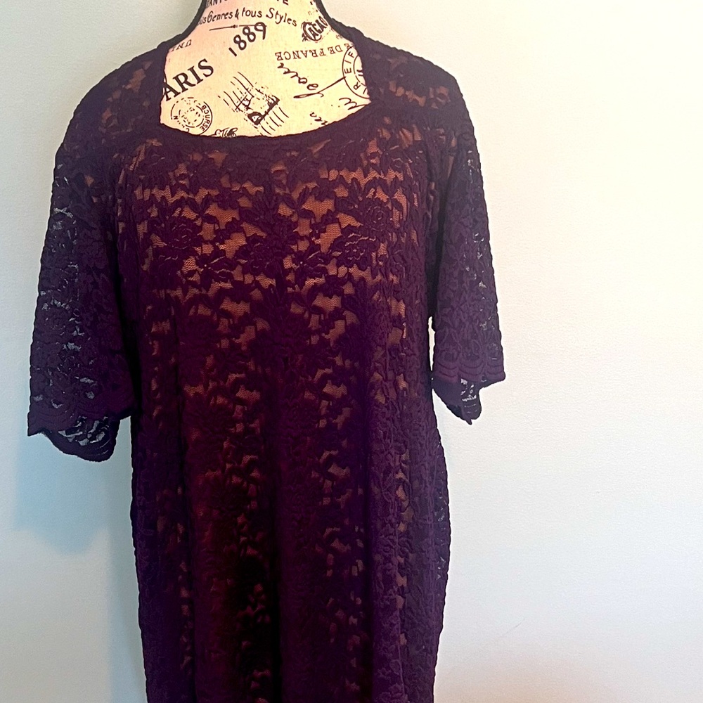 Size 18 plum lace dress with nude lining. Length to knee.